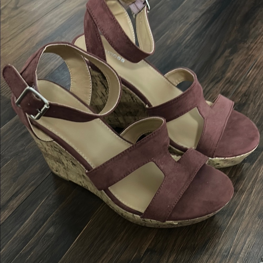 Maurices Burgandy Wedge Sandals with Ankle Strap
